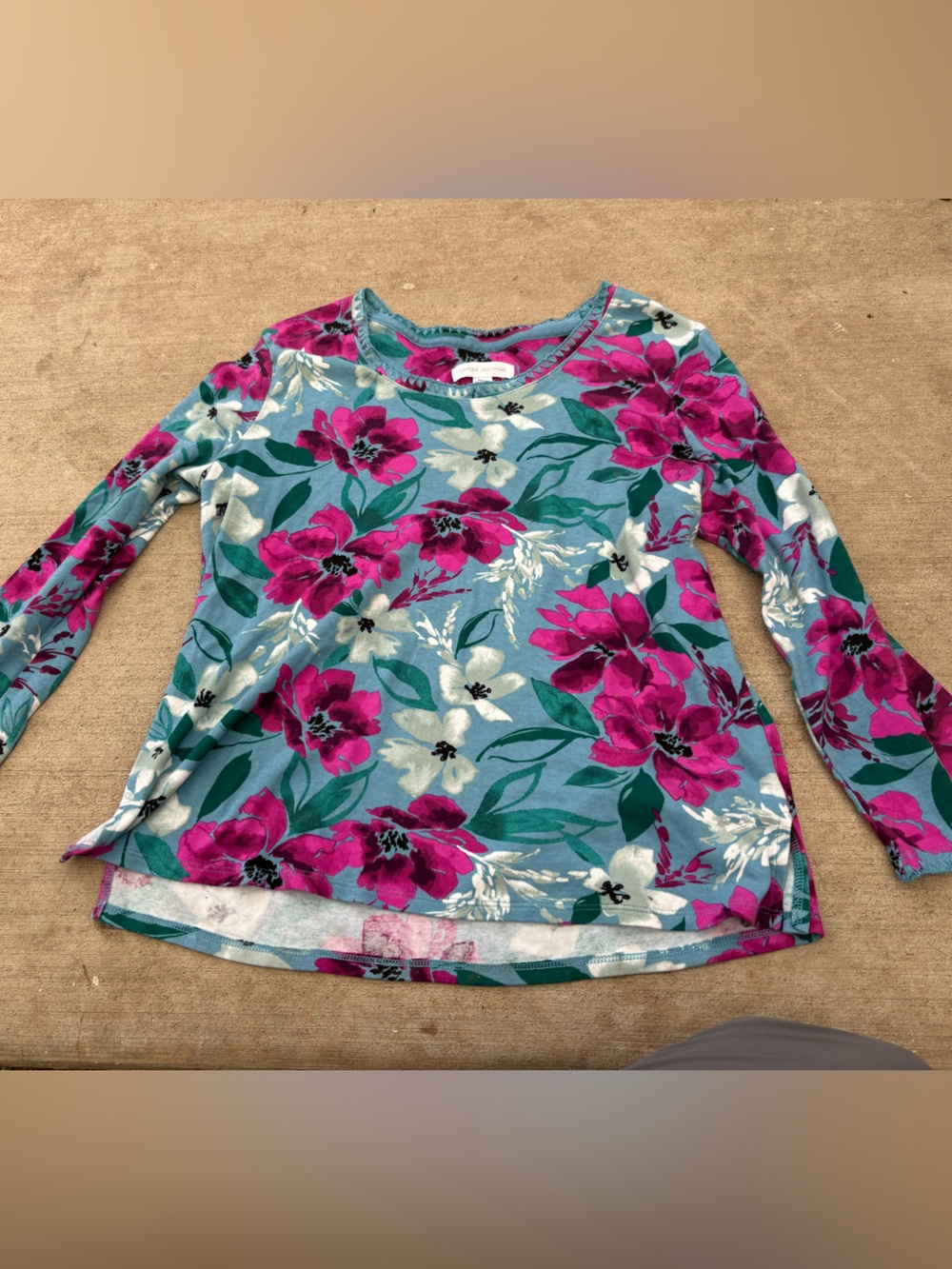 Midnight by Carole Hochman Teal Long-Sleeve Top with Pink Floral Print